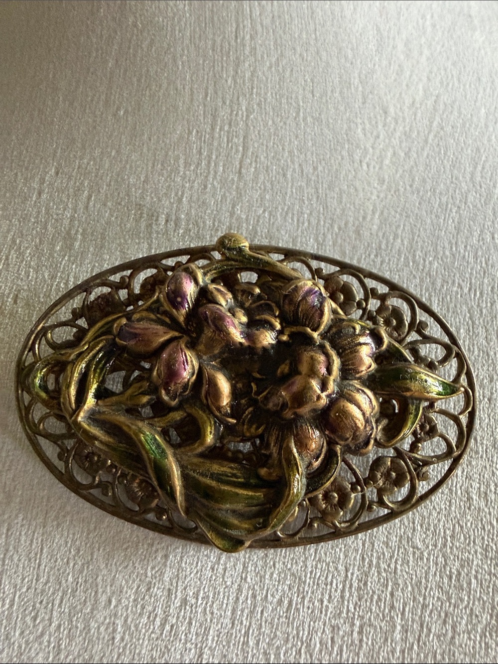 Vintage Floral Filigree Brooch - Gold with Green & Pink Accents